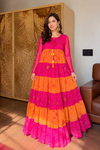 Rakhi Premium Tiered Pure Chiffon Bandhej Gown with Hand work