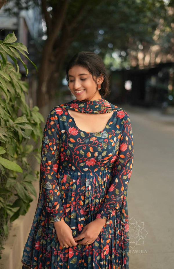 Indigo Kalamkari Anarkali Dress