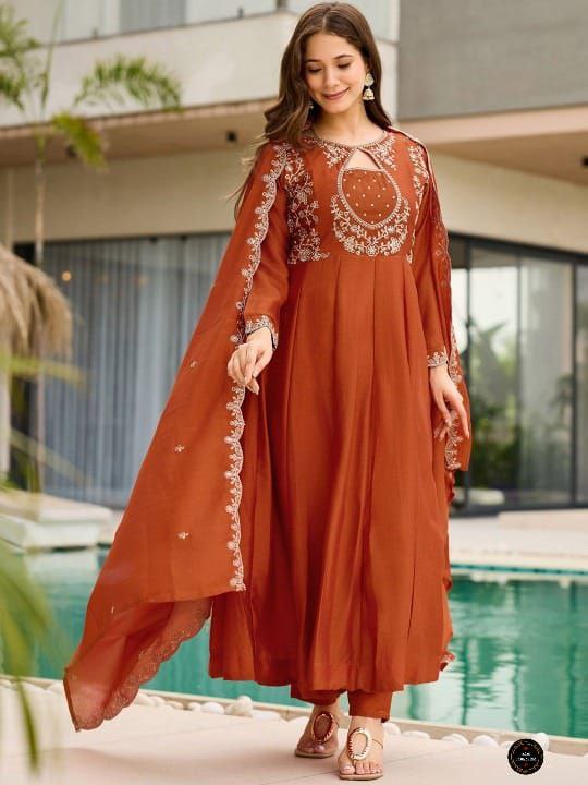Silk Embroidery Kurti Pant Dupatta Set