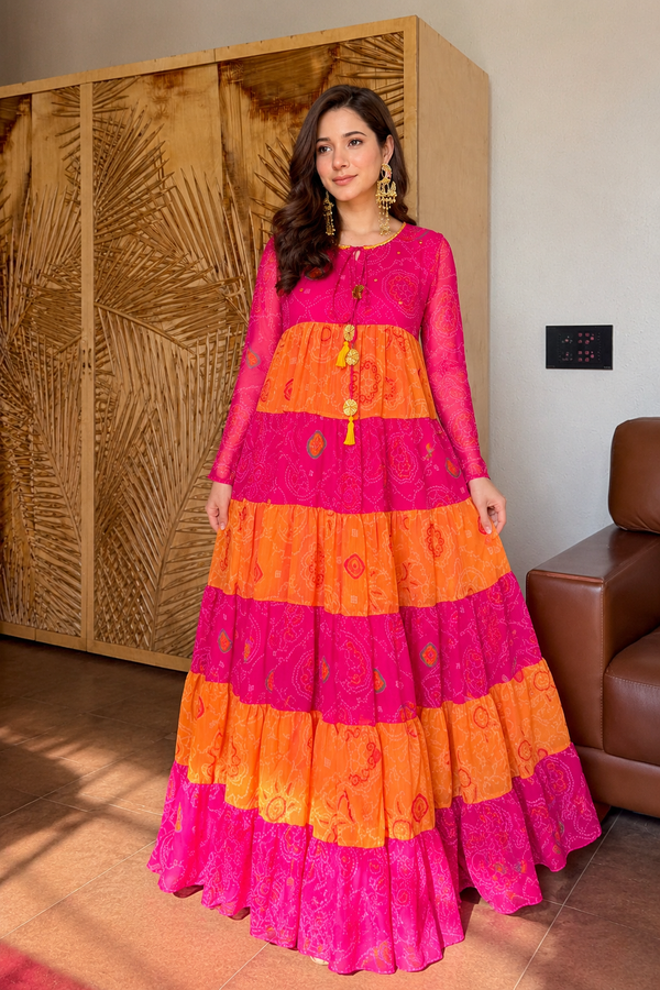 Rakhi Premium Tiered Pure Chiffon Bandhej Gown with Hand work