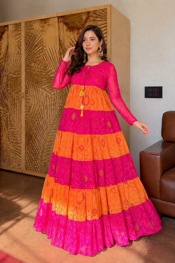 Rakhi Premium Tiered Pure Chiffon Bandhej Gown with Hand work