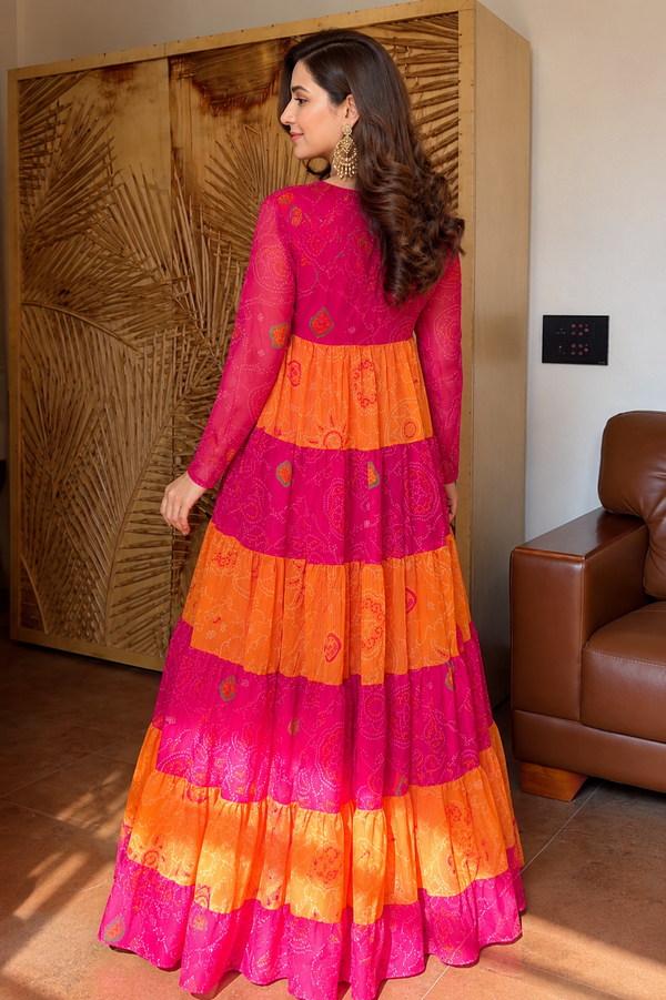 Rakhi Premium Tiered Pure Chiffon Bandhej Gown with Hand work