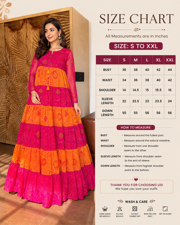Rakhi Premium Tiered Pure Chiffon Bandhej Gown with Hand work