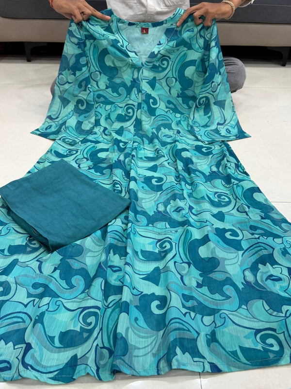 Premium Softy Chiffon Silk Printed Anarkali Gown with Pant Set